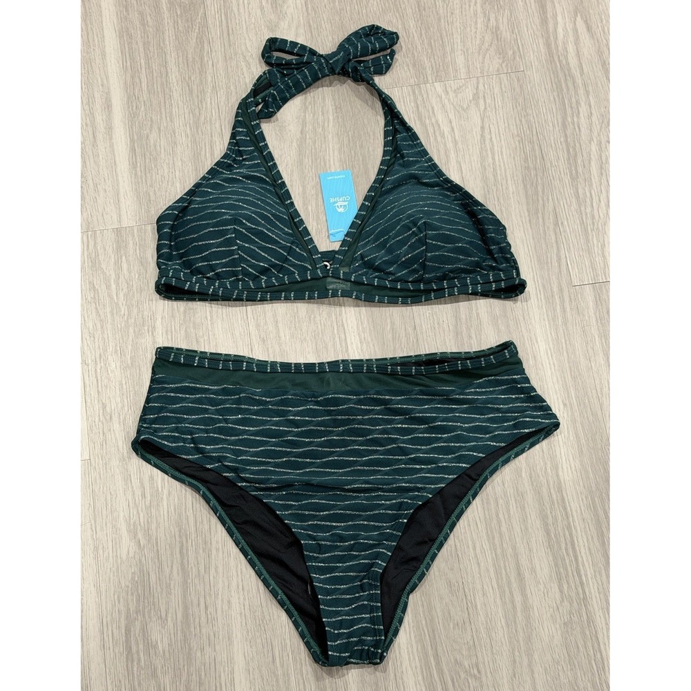 CUPSHE 2pc Halter Padded Bikini Set Green/Silver Striped Mesh Trim XL